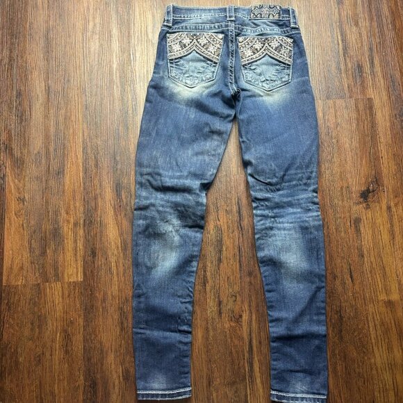 Miss Me Skinny Jeans Rhinestone Floral Pockets Distressed Medium Wash Size 25 - Picture 2 of 12
